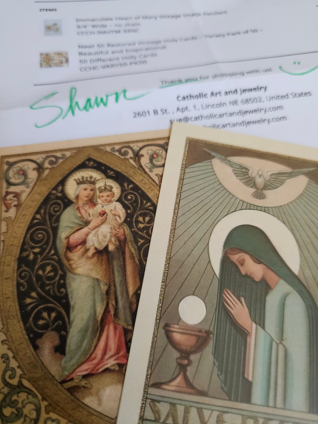 Customer photo review of New! 50 Restored Vintage Holy Cards – Variety Pack of 50 – Beautiful and Inspirational