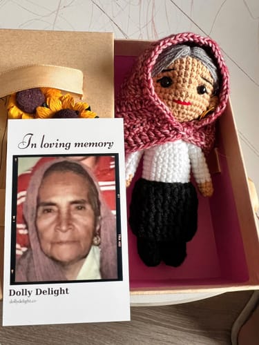 Customer photo review of Dolly® Personalized Crochet Doll with Photo Card