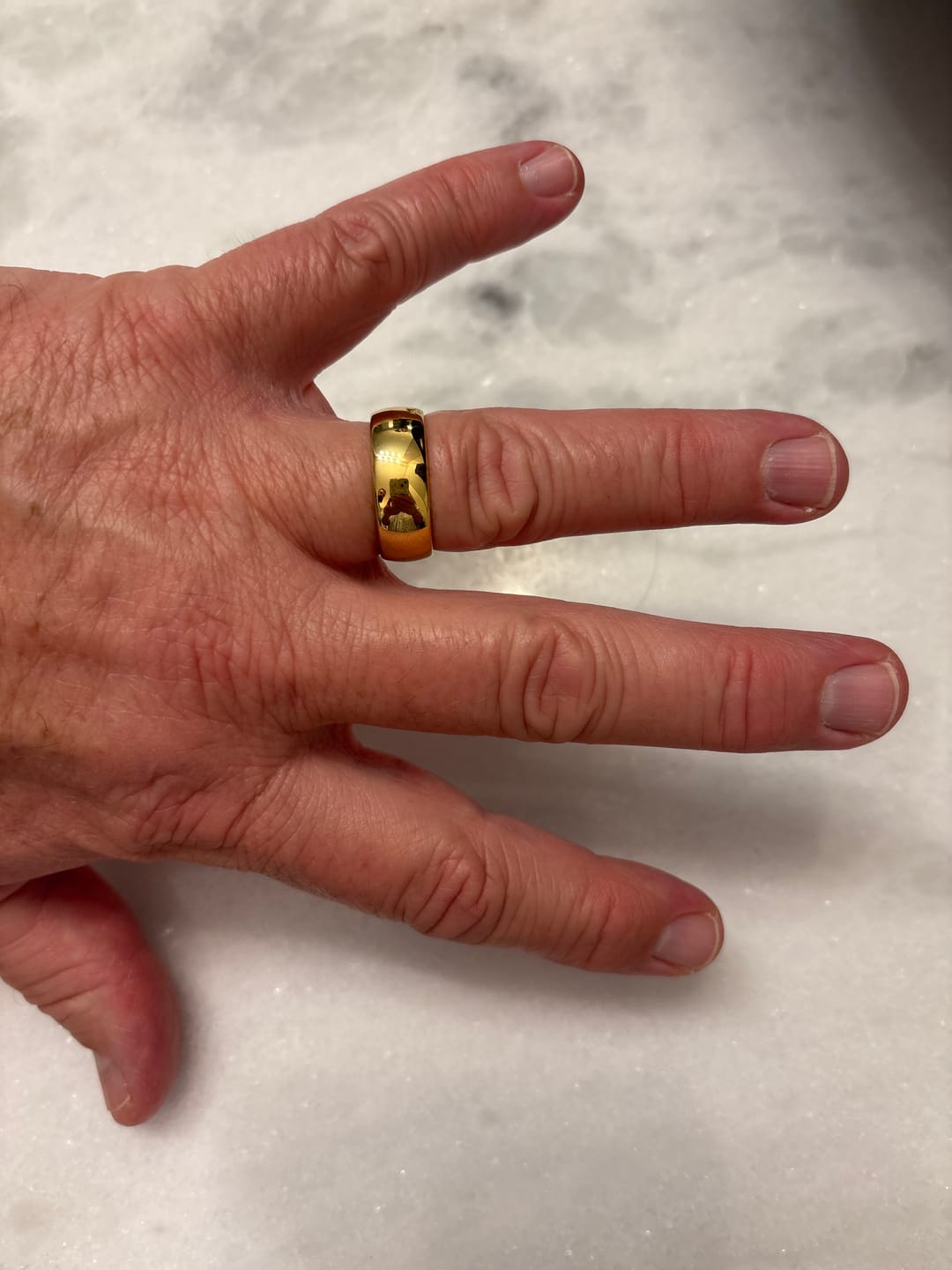Customer photo review of 8mm - 14k Yellow Gold Tungsten Wedding Band, High Polish Dome Shape, Anniversary Ring