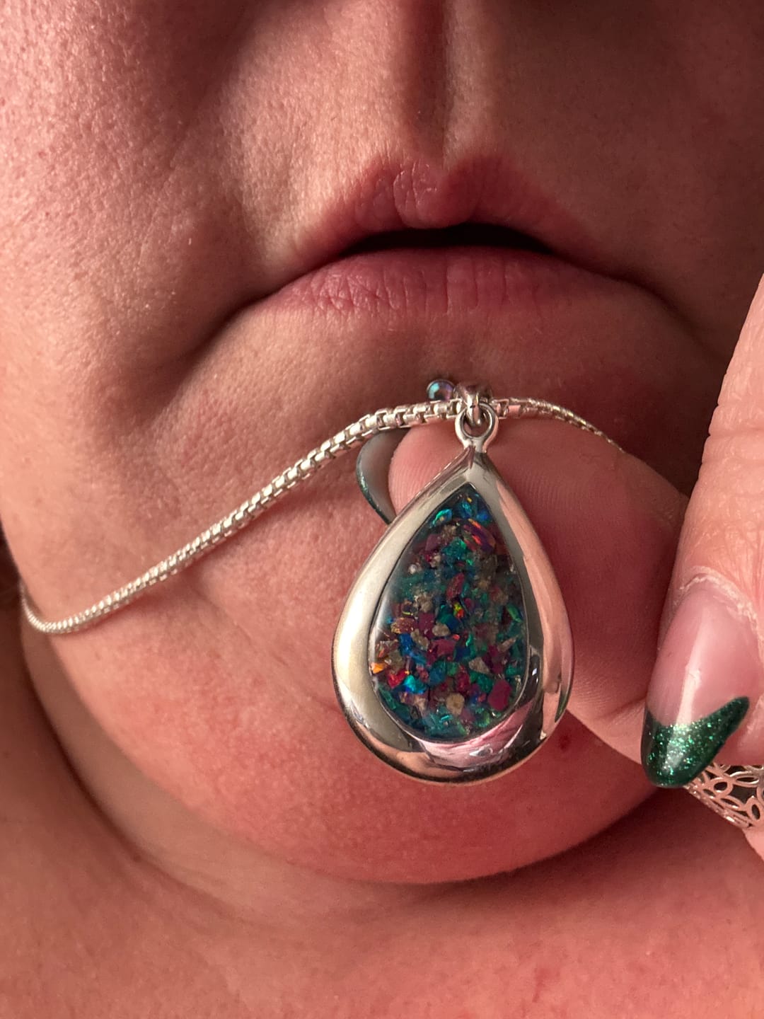 Customer photo review of Pear Drop Opal Cremation Pendant - Engravable