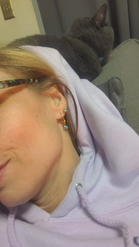 Customer photo review of Turquoise Charm & Rectangle Huggie Bundle (FINAL SALE- charm will only work with rectangle huggies)