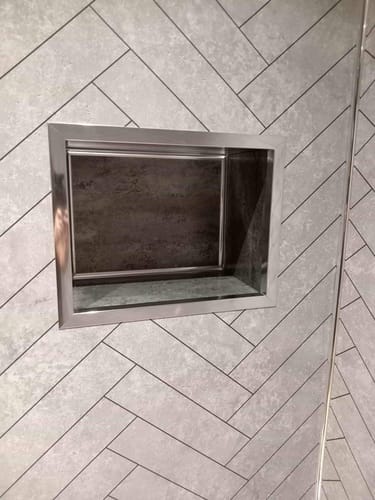 Customer photo review of Premium Grey Herringbone Tile Matt Shower Wall Panel – 2400 x 1000mm