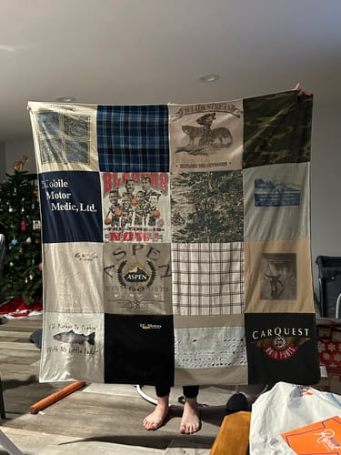 T-shirt quilt with history, outdoors themes by Jennifer from OR