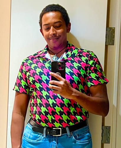 Customer photo review of Pink And Green Houndstooth Pattern Print Men's Shirt