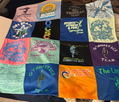 T-shirt quilt with gymnastics, sports themes by Kathleen from NY