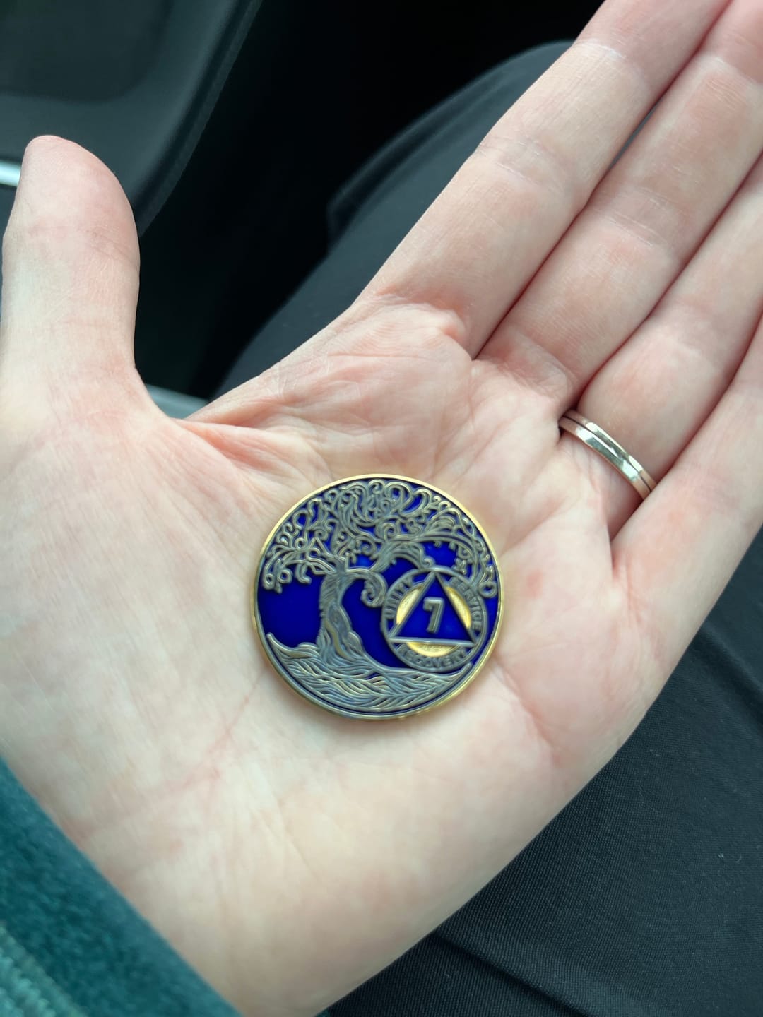 Customer photo review of 7 Year Sobriety Mint Twisted Tree of Life Gold Plated AA Recovery Medallion - Seven Year Chip/Coin - Blue