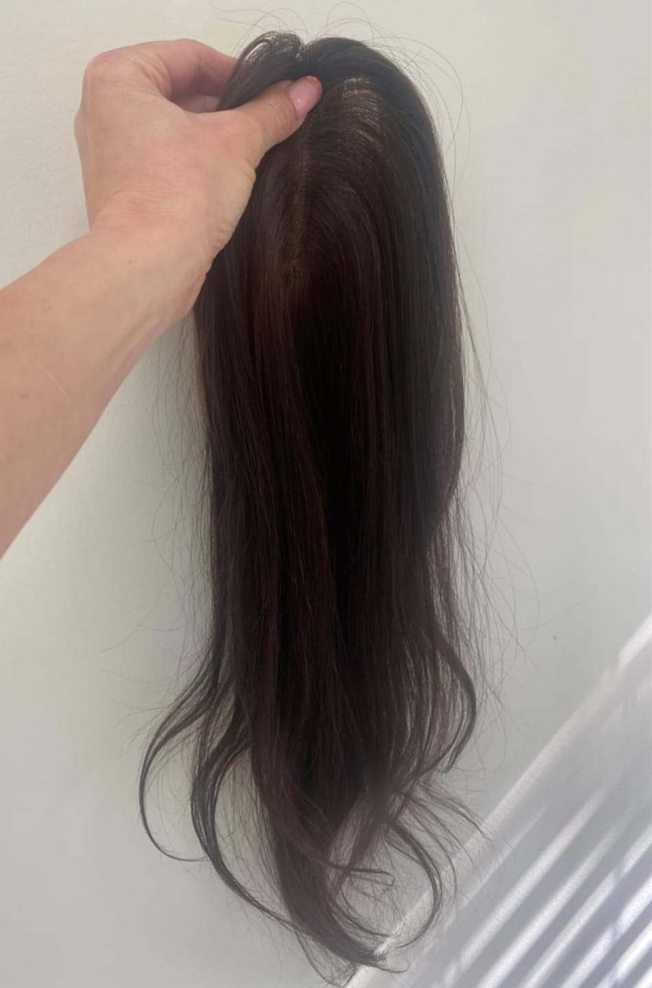Customer photo review of Moresoo Mono Base Hair Topper Virgin Hair Pieces Darkest Brown #2