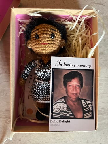 Customer photo review of Dolly® Personalized Crochet Doll with Photo Card