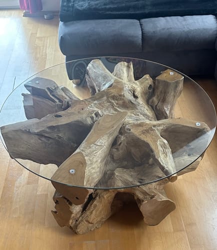 Customer photo review of NAGA Couchtisch aus Wurzelholz rund Ø 100 cm mit Glasplatte