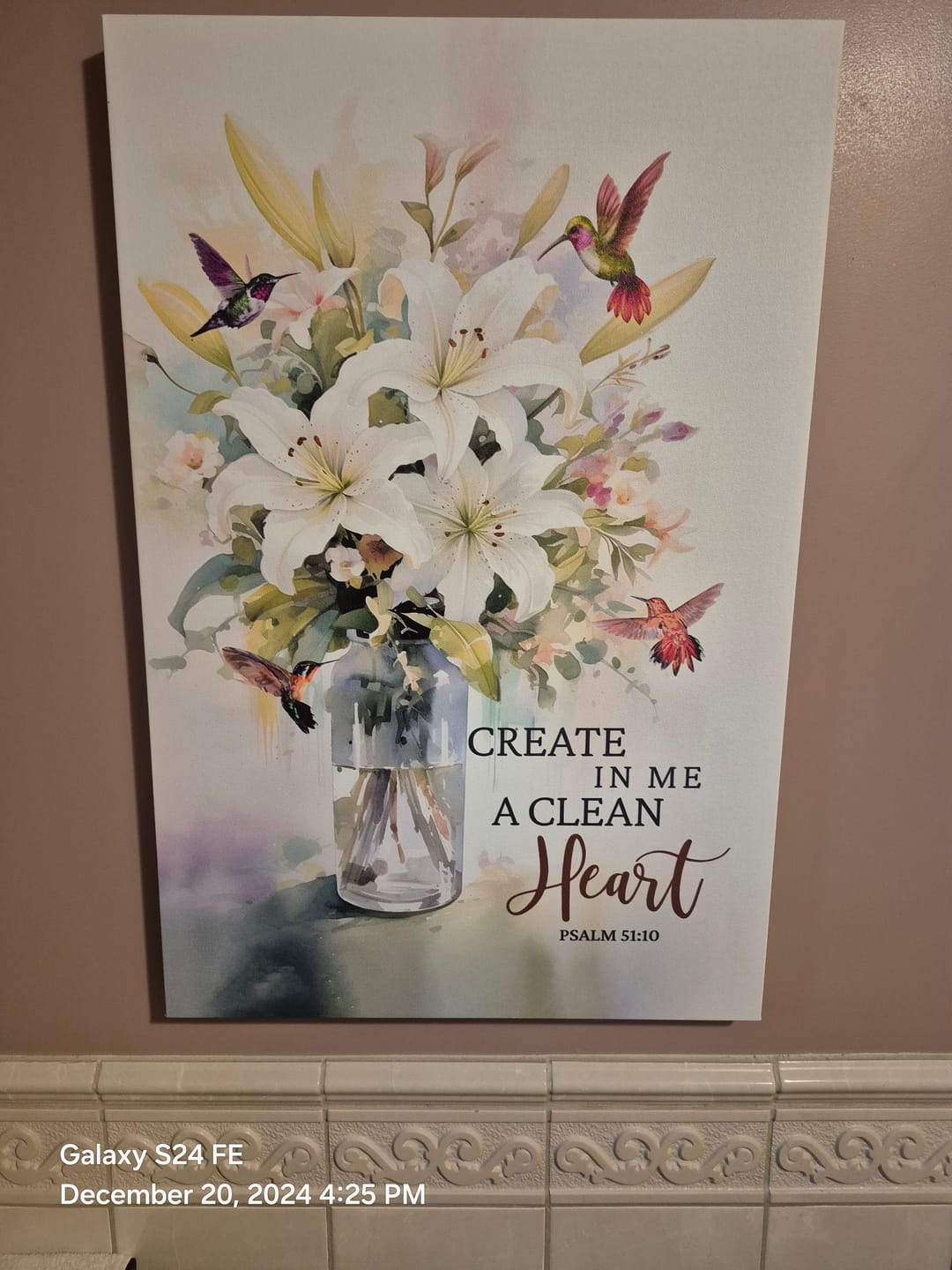 Customer photo review of Create In Me A Clean Heart, Lily Flower, Hummingbird, Psalm 51:10 Wall Art Canvas