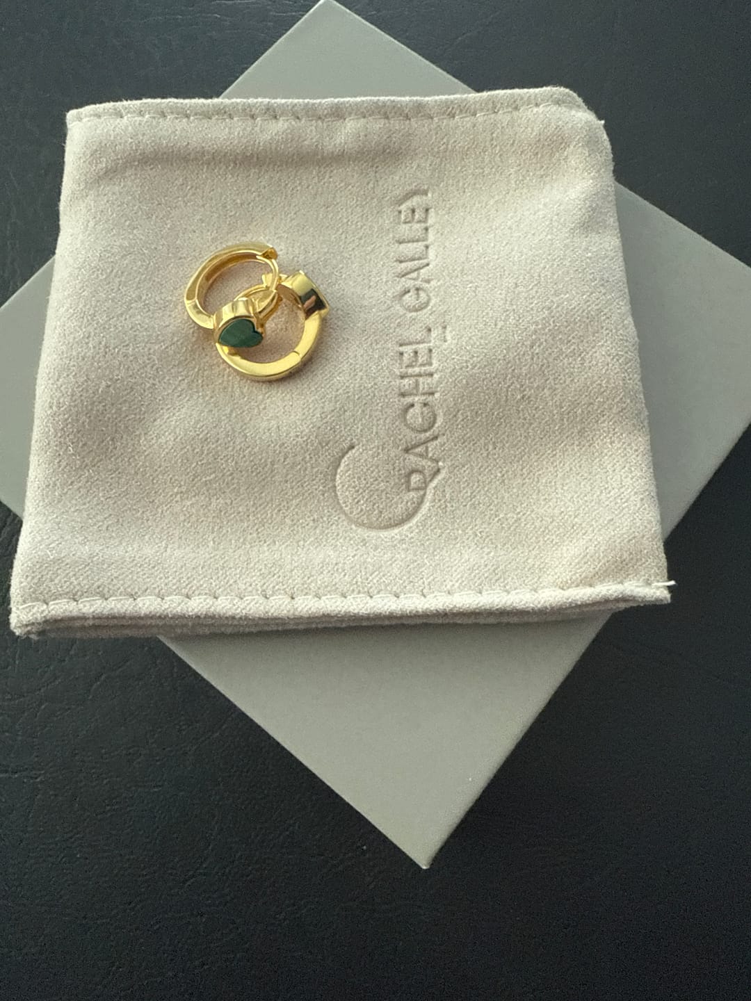 Customer photo review of Love Heart Huggie Hoops with Malachite