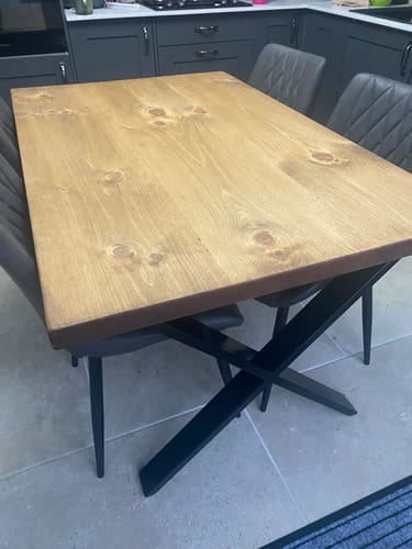 Customer photo review of Industrial Dining Table with X-Frame Leg
