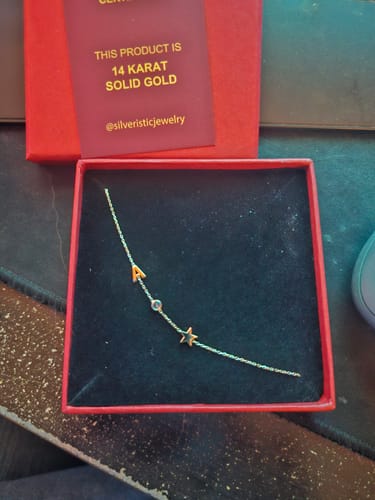 Customer photo review of 14K Solid Gold Sideways Birthstone and Letter Necklace