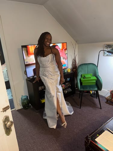 Customer photo review of Strapless Metallic Bead Embellished Gown