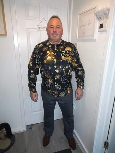 Customer photo review of Men's Golden Merry Christmas Champagne Print Long Sleeve Shirt