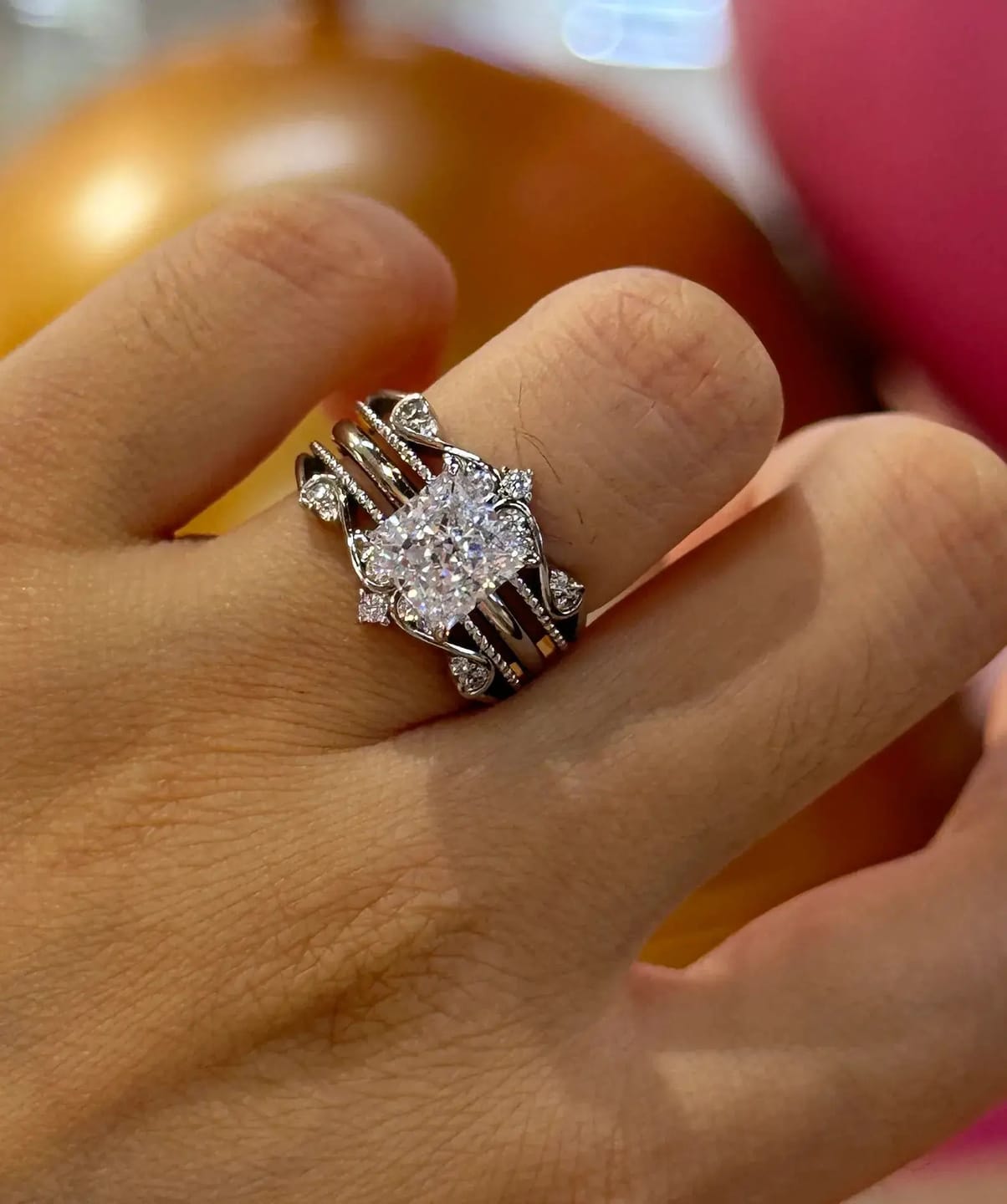 Customer photo review of Solarii Noble Crown Design Princess Cut Insert Wedding Ring Set