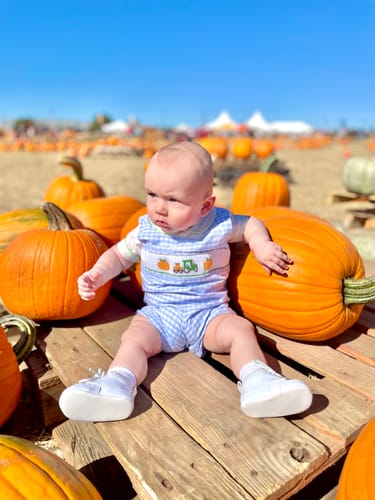 Customer photo review of Pumpkin Hayride Blue Check Smocked Jon Jon