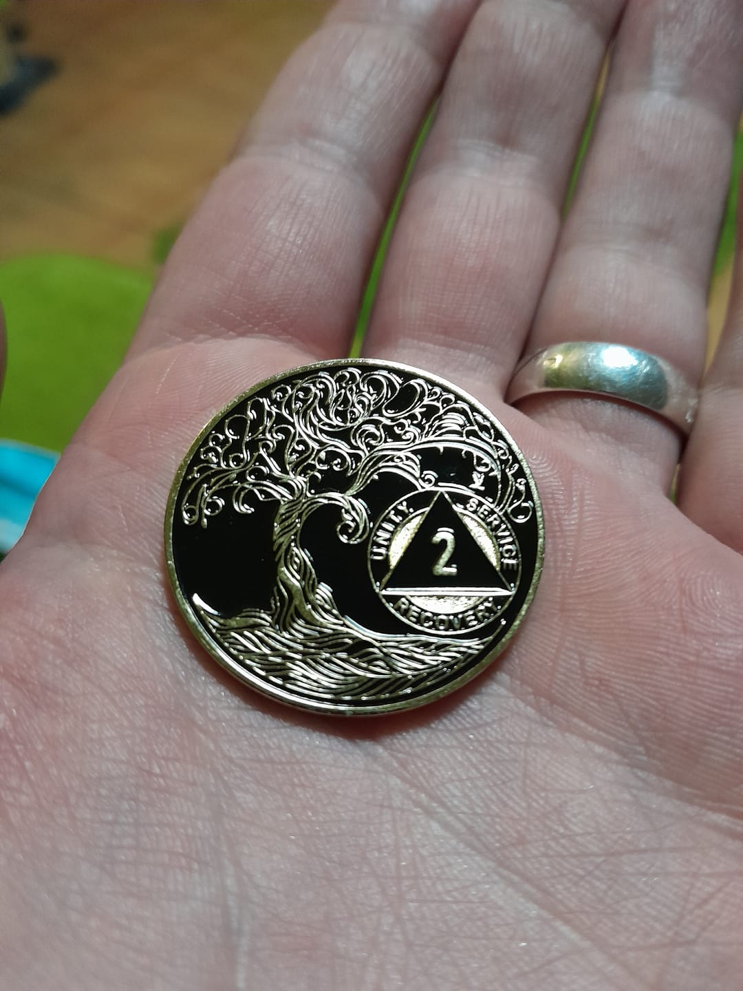 Customer photo review of 1 to 65 Year Sobriety Mint Twisted Tree of Life Gold Plated AA Recovery Medallion/Chip/Coin - Black