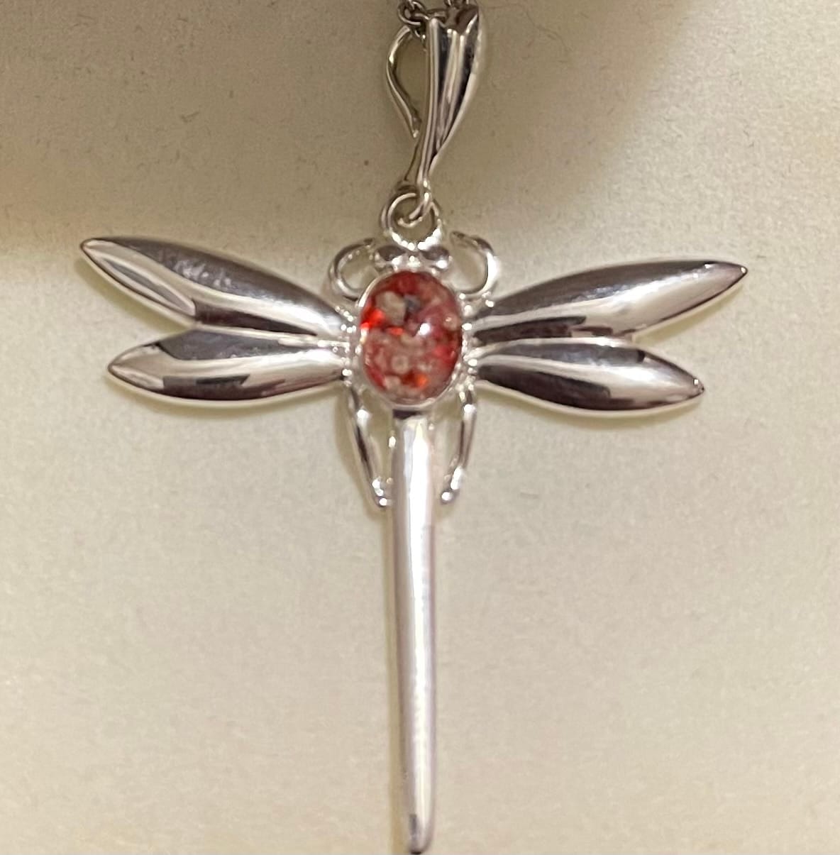 Customer photo review of Dragonfly Pendant with Cremation Ashes