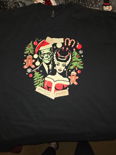 Customer photo review of Frankie & Liz Christmas Card T-Shirt