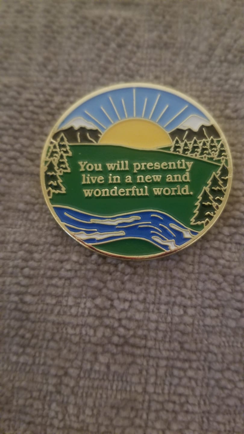 Customer photo review of 34 Year Sobriety Mint Winding River Gold Plated AA Recovery Medallion - Thirty Four Year Chip/Coin