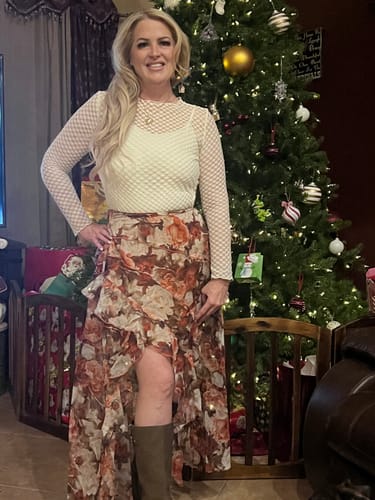 Customer photo review of Floral Print Chiffon Ruffle Maxi Skirt