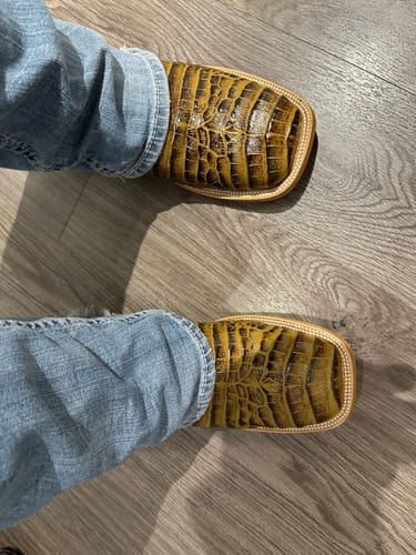 Customer photo review of Men’s Honey American Gator Belly Leather Boots With Cognac Shaft— Square Toe