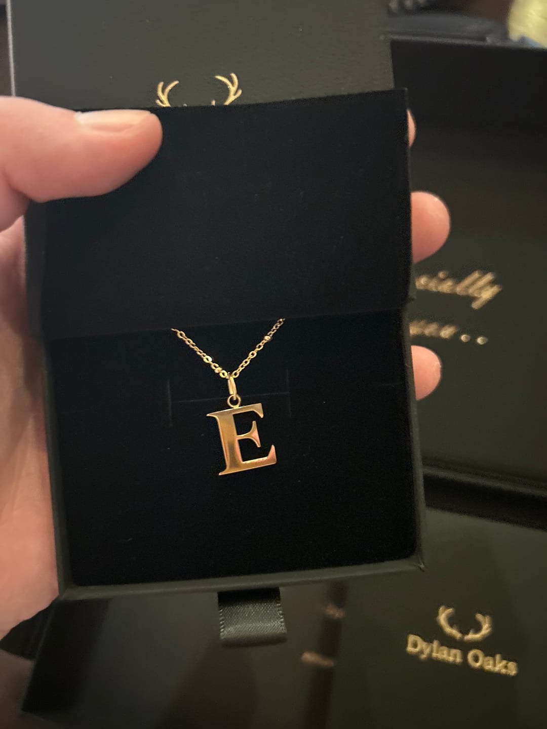 Customer photo review of E Initial Pendant Necklace In Gold + FREE Diamond Stud Earrings in Gold