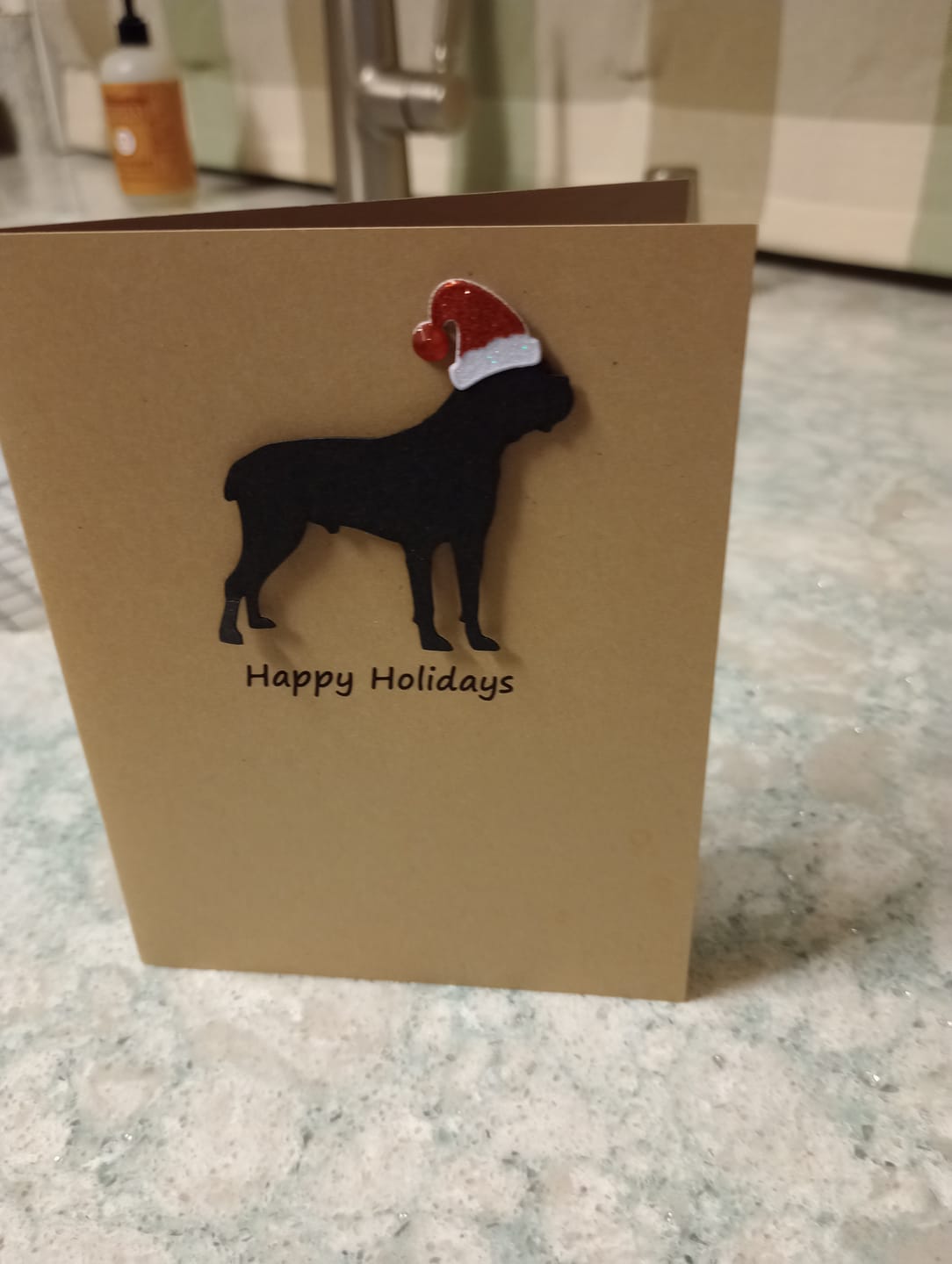 Customer photo review of Cane Corso Christmas Greeting Cards Pack of 10 | Handmade Black Dog Holiday Boxed Set | Sparkly Santa Hat Kraft Brown Envelopes