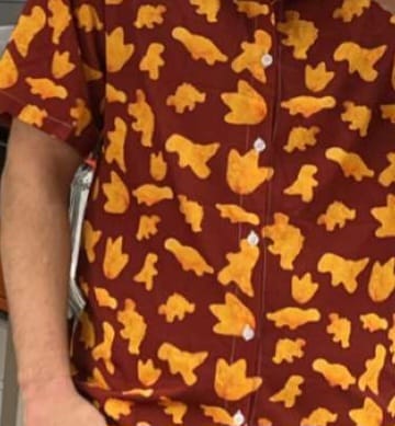 Customer photo review of Dinosaur Chicken Nuggets Red Button Up Shirt