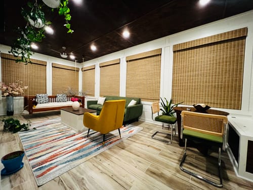 Customer photo review of SmartWings Motorized Woven Wood Shades 70% Blackout Privacy Orithyia