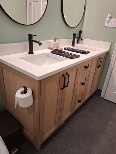 Customer photo review of Bridgeport 60" White Oak Bathroom Vanity, Double Sink