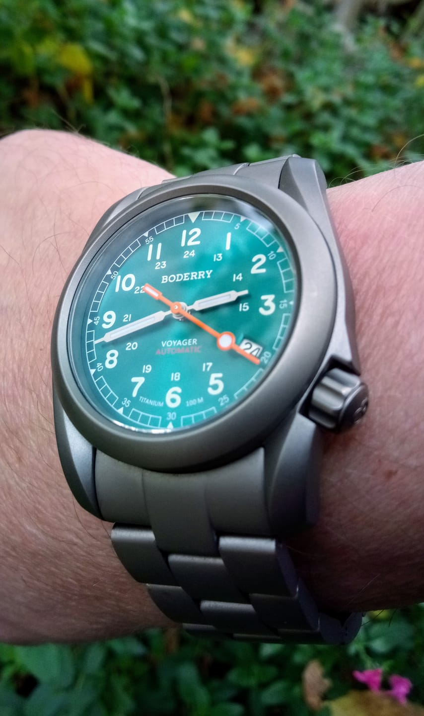 Customer photo review of VOYAGER - 100M Waterproof Titanium Automatic Field Watch | Peacock Green
