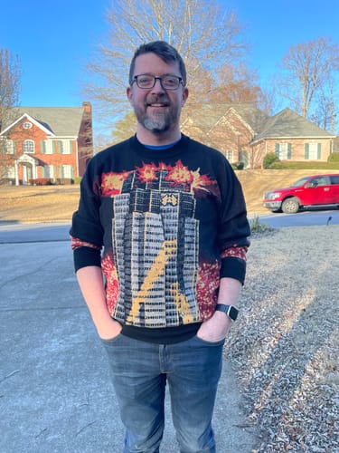 Customer photo review of Nakatomi Plaza Explosion Die Hard Knitted Christmas Sweater