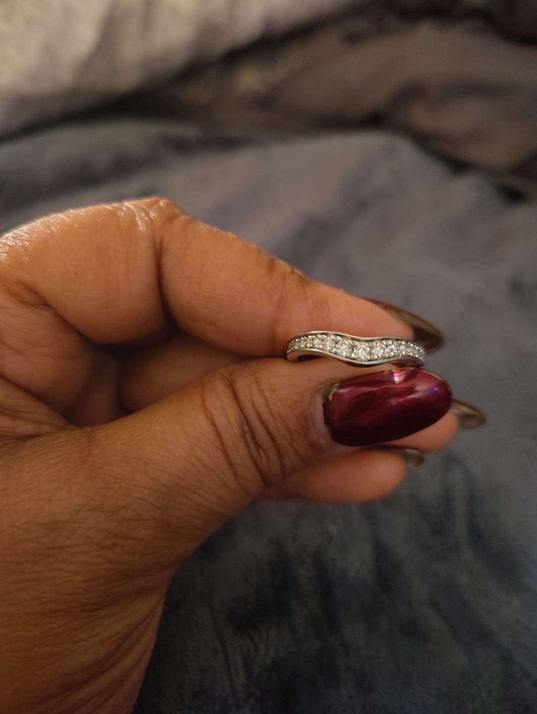 Customer photo review of Curved Pave Moissanite Euro Half Eternity Wedding Band Ring