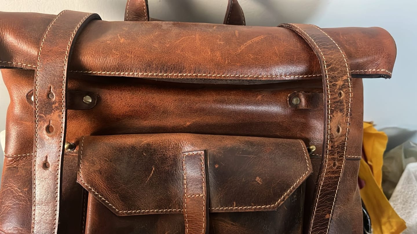 Customer photo review of Brown Saddleback Backpack- Roll Top
