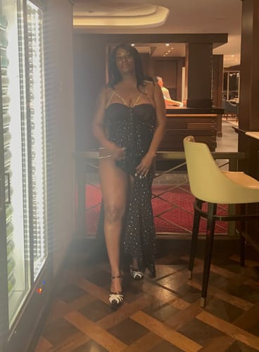 Customer photo review of WOMEN'S SLEEVELESS SIDE OPEN CHAINS RHIMESTONES MESH MAXI DRESS