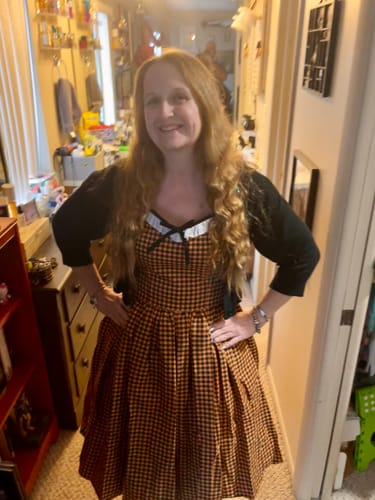 Customer photo review of Bardot Beauty Swing Dress in Orange Pumpkin Gingham - Vixen by Micheline Pitt