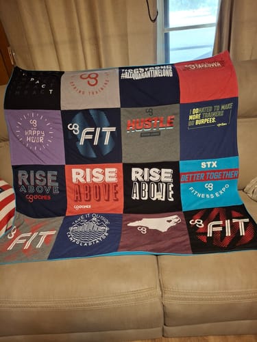 T-shirt quilt with fitness, exercise themes by Pat from TX