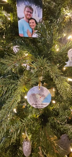 Customer photo review of Engagement Ornament - Custom Map Gift Ceramic Ornament