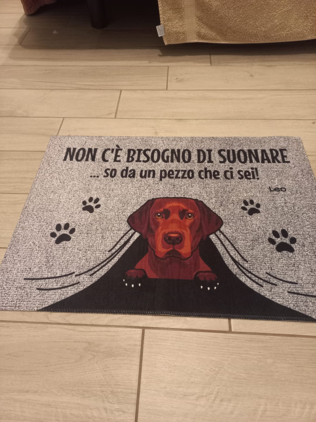 Customer photo review of Non c'è bisogno di suonare - Zerbino personalizzato