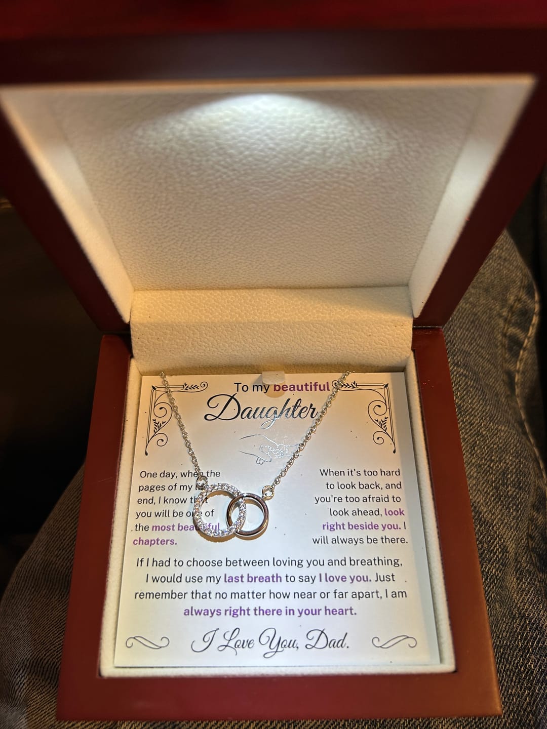 Customer photo review of (Almost Sold Out) I would use my last breath to say I Love You - Necklace For Daughter