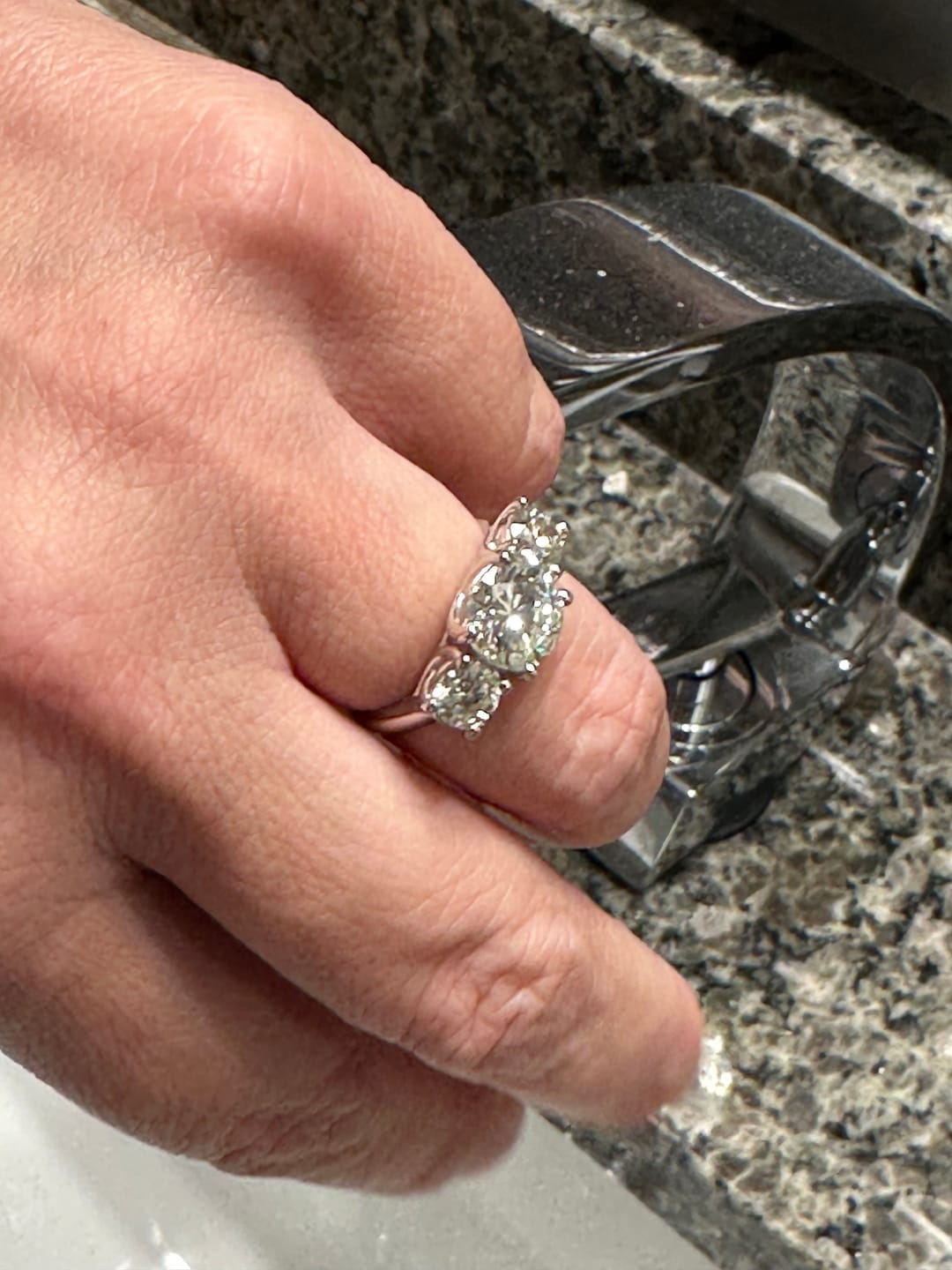 Customer photo review of 4 Carat Round Diamond Three Stone Engagement Ring White Gold 14K