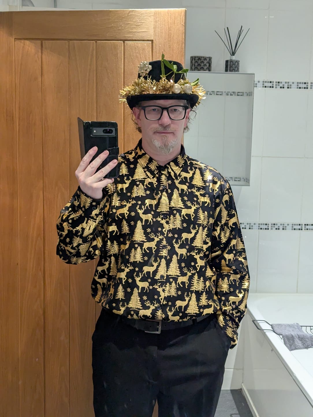 Customer photo review of Men's Golden Christmas Reindeer Festive Print Long Sleeve Shirt