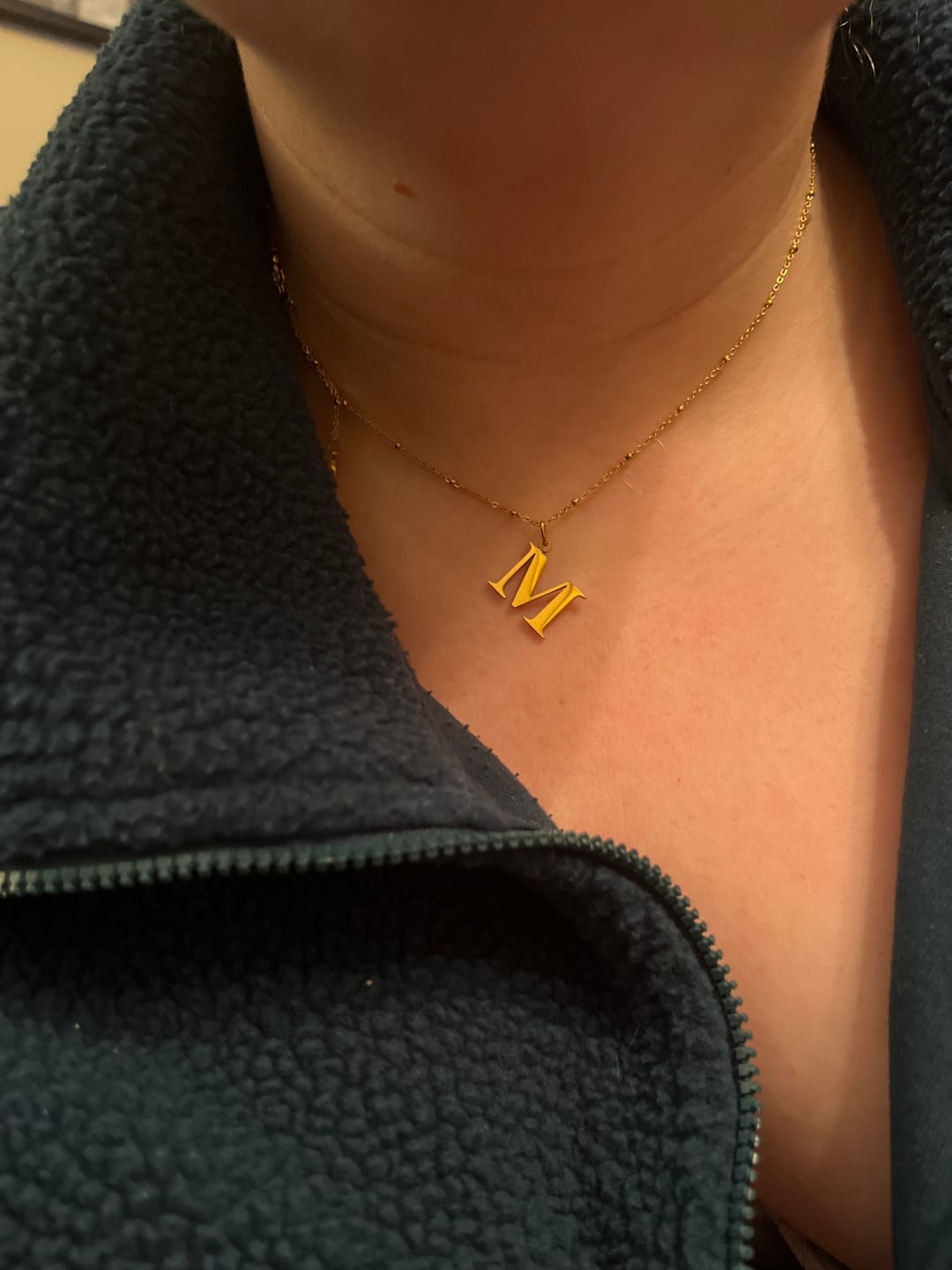 Customer photo review of M Initial Pendant Necklace In Gold + FREE Diamond Stud Earrings in Gold