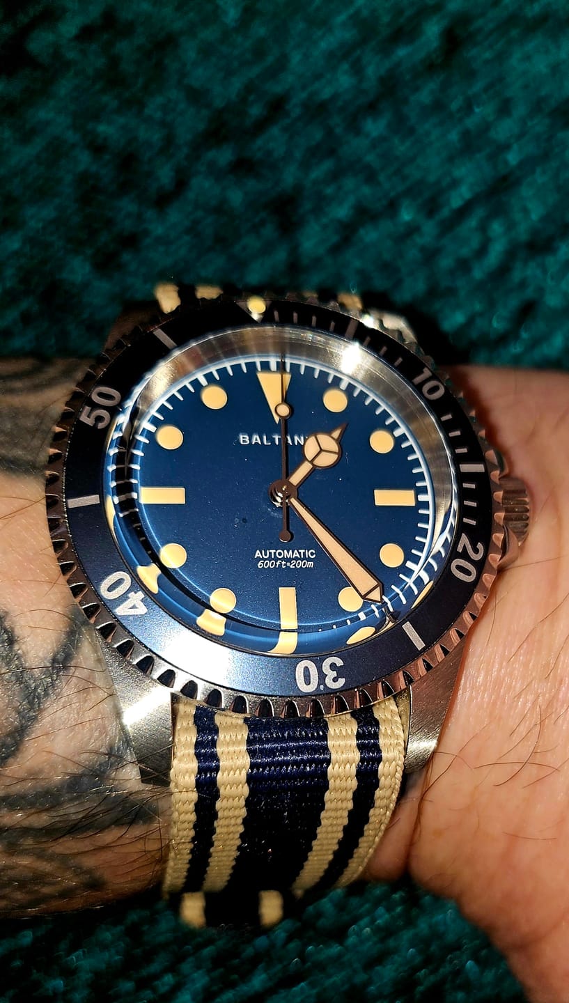 Customer photo review of Classic Military Style Strap- Cream & Blue Stripes