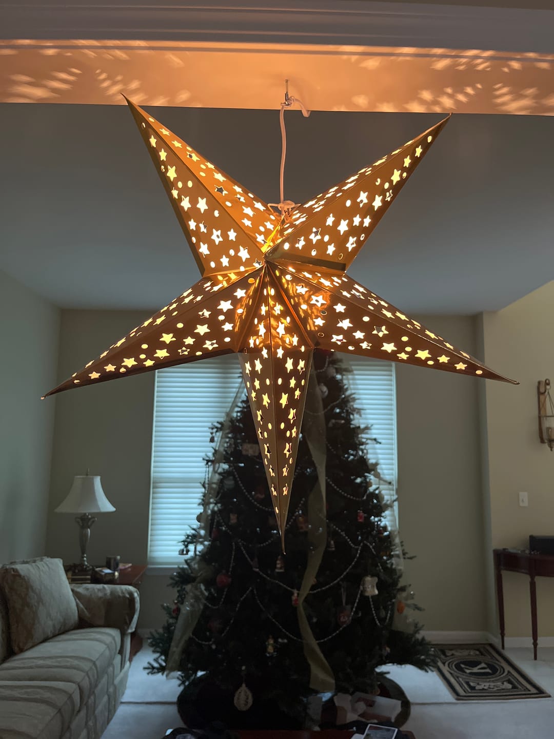 Customer photo review of 26" Gold Foil Cut-Out Paper Star Lantern, Hanging Wedding & Party Decoration