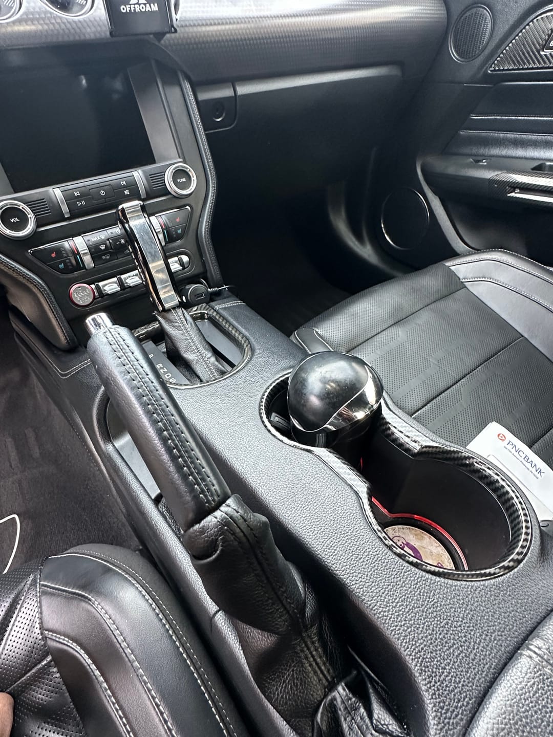 Customer photo review of Mustang 2015-2023 Carbon Fiber Gear Shift Bezel Chrome Trim Cover