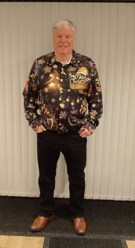 Customer photo review of Men's Golden Merry Christmas Champagne Print Long Sleeve Shirt