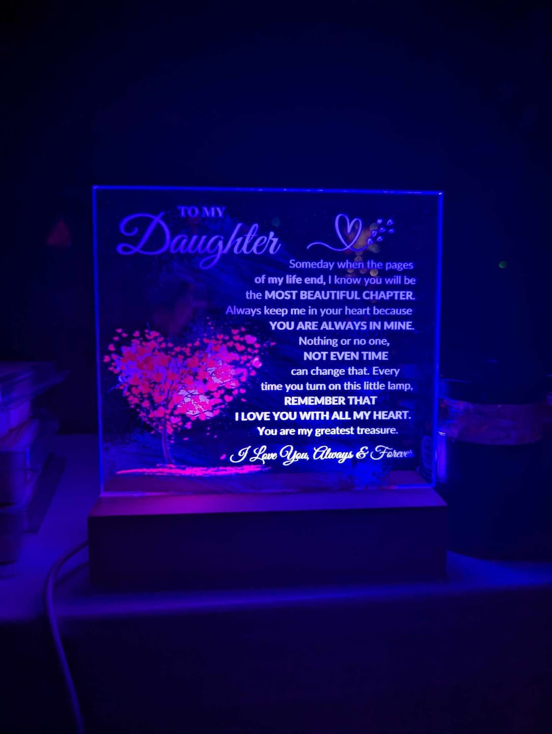 Customer photo review of Daughter "Most Beautiful Chapter" LED Acrylic Plaque